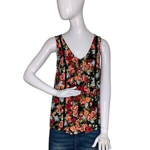 Merona Top Front Multicolor Floral Print Back Solid Black Sleeveless Size M